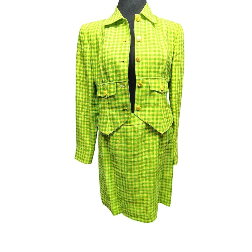Dana Buchman Lime Green Plaid Womens Blazer & Skirt Suit Set Size 4 Linen Blend